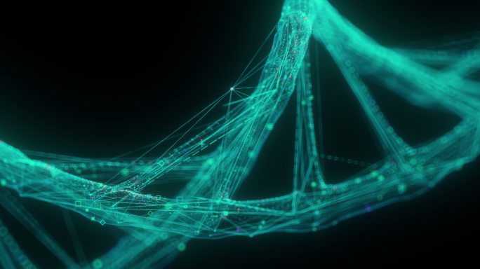 多边形DNA背景。生物技术空间概念。蓝线式结构。