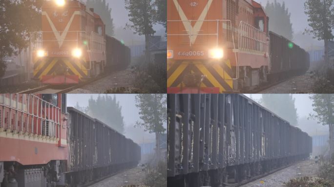 4K 老式火车在雨雾中穿行轨道
