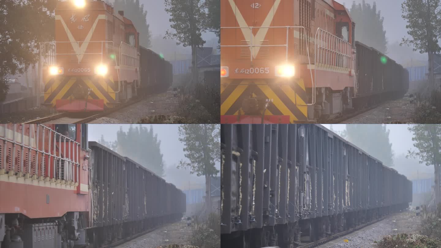 4K 老式火车在雨雾中穿行轨道