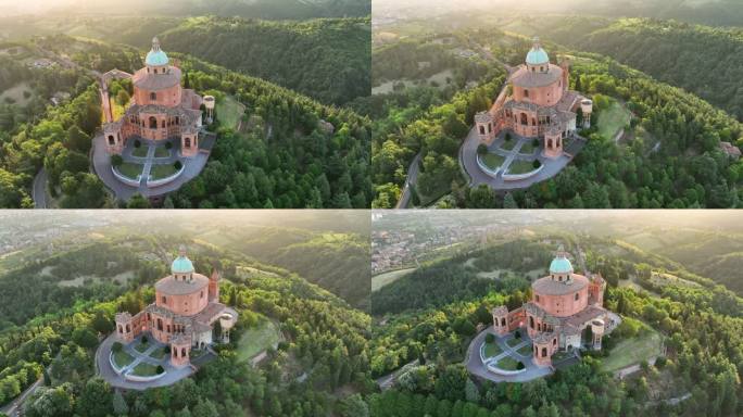 空中无人机日出麦当娜圣卢卡教堂圣所的场景在山上存在了大约一千年，现在有一条路通向圣所，它沿着一条3.