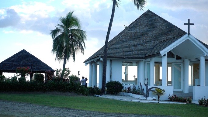 大海日落黄昏 海边教堂  斐济海景