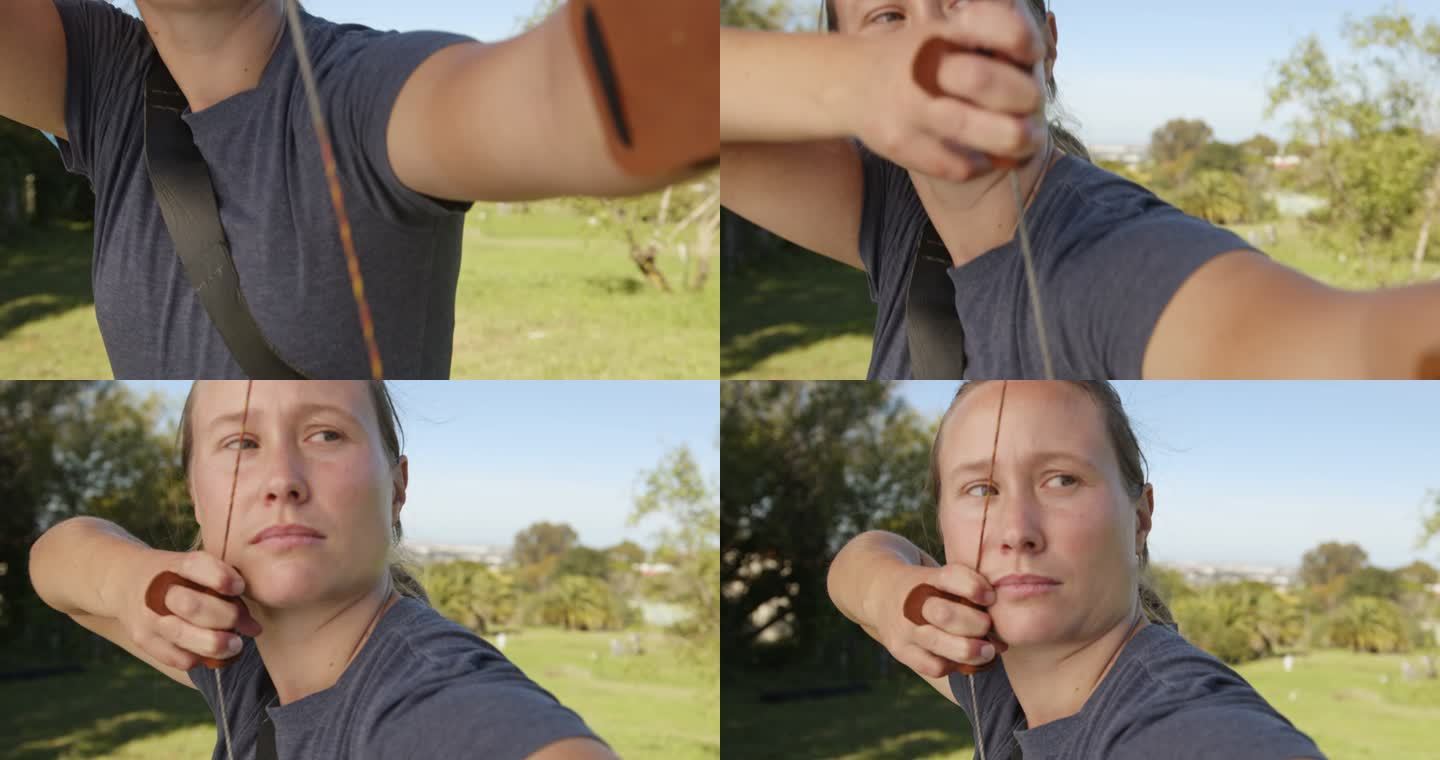 4k视频拍摄了一位年轻迷人的女射箭运动员在射箭场上练习技巧
