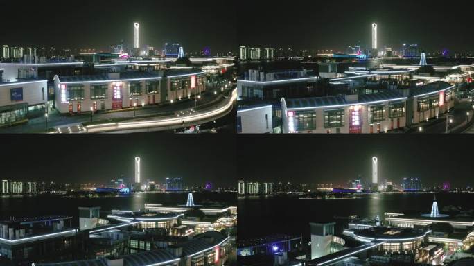 中国苏州市夜晚的无人机视图。