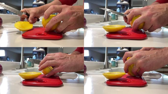红芒果在家庭厨房准备食物切碎去皮切丁搅拌新鲜有机水果蔬菜和肉类视频系列
