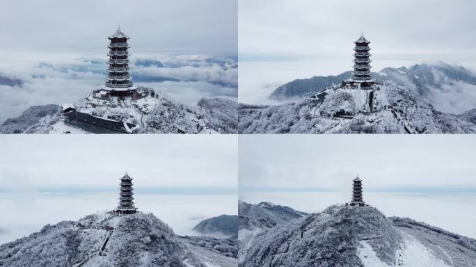 大疆航拍状元楼雪景古建筑塔