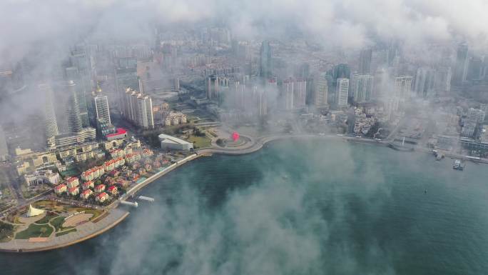 青岛五四广场平流雾航拍