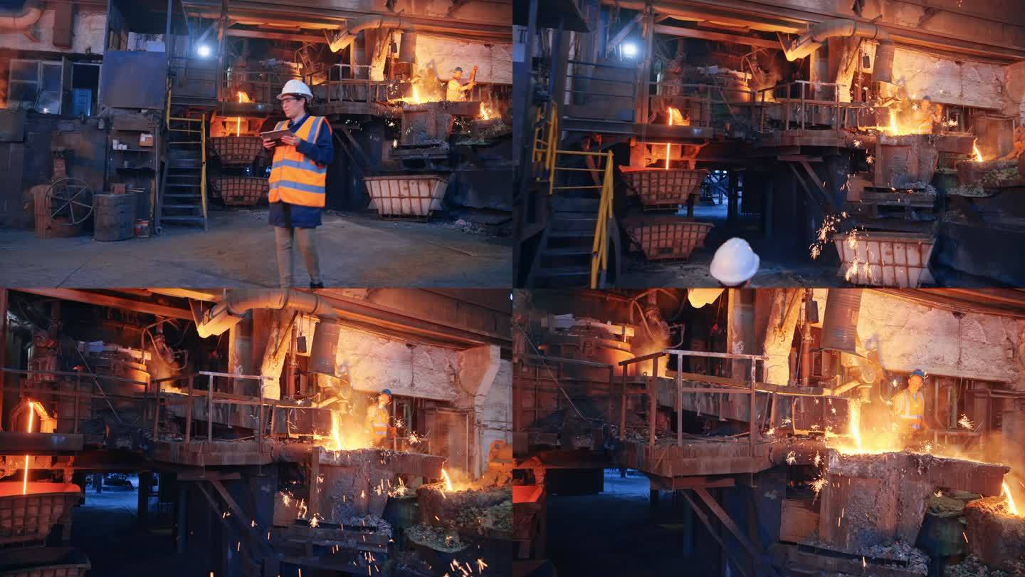 CS女安全工程师站在铸造厂，在浇注熔融金属时做笔记