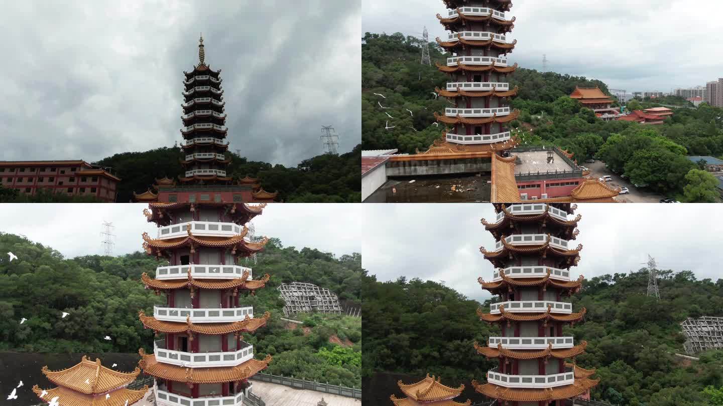 中国佛寺中的古塔古建筑白色鸟群