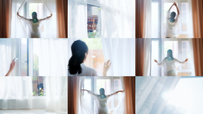 女人清晨  推开窗户 拉开窗帘 享受时光