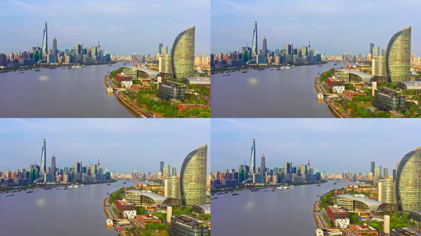 上海杨浦陆家嘴城市天际线日出顺光4K航拍