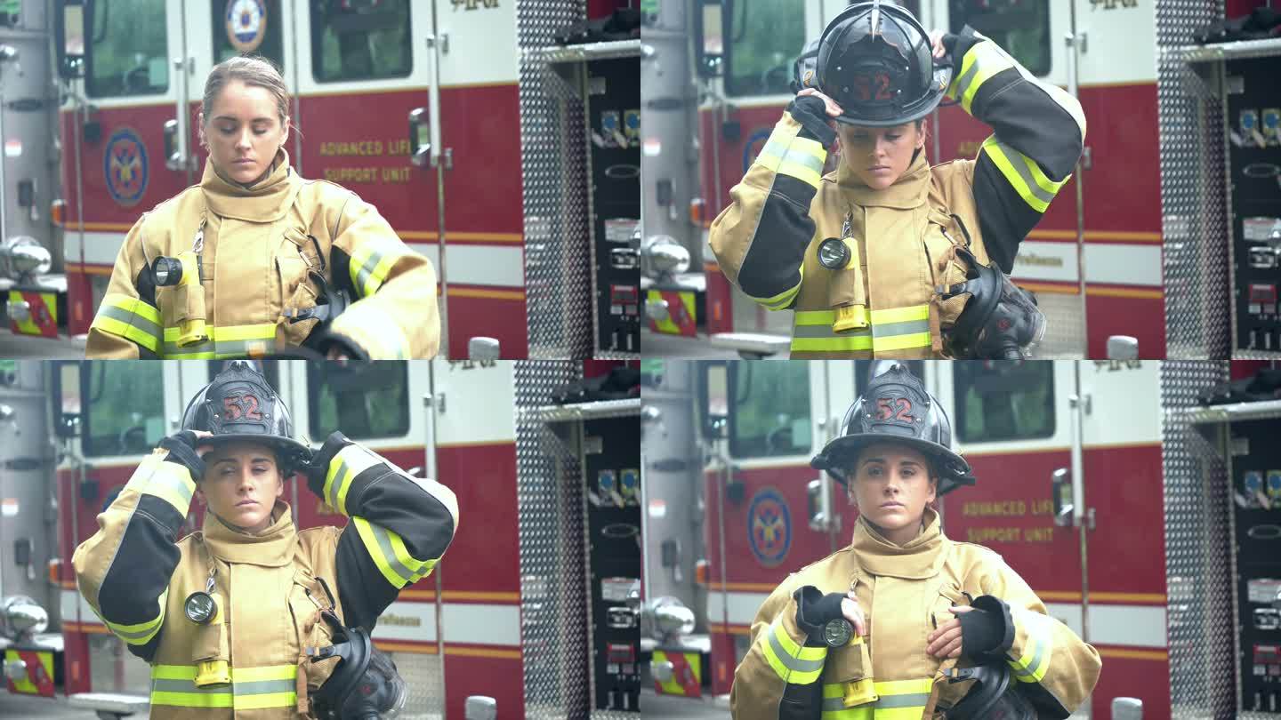 身穿消防服、戴头盔的女消防员