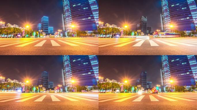 夜间繁忙的道路交通和现代城市中城区的现代建筑
