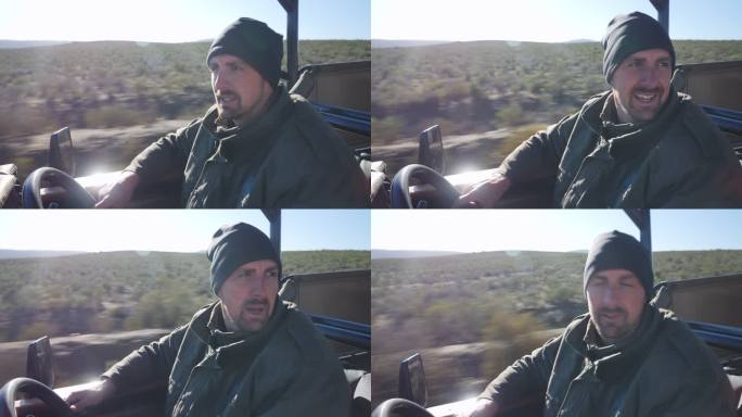 男性狩猎向导在阳光明媚的风景中交谈和驾驶车辆