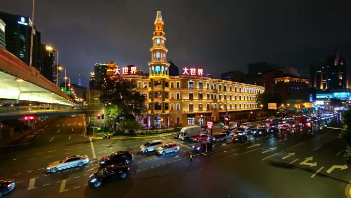 上海夜景黄浦区大世界4K夜景实时视频