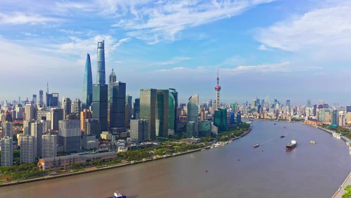 上海杨浦陆家嘴城市天际线蓝天白云4K航拍