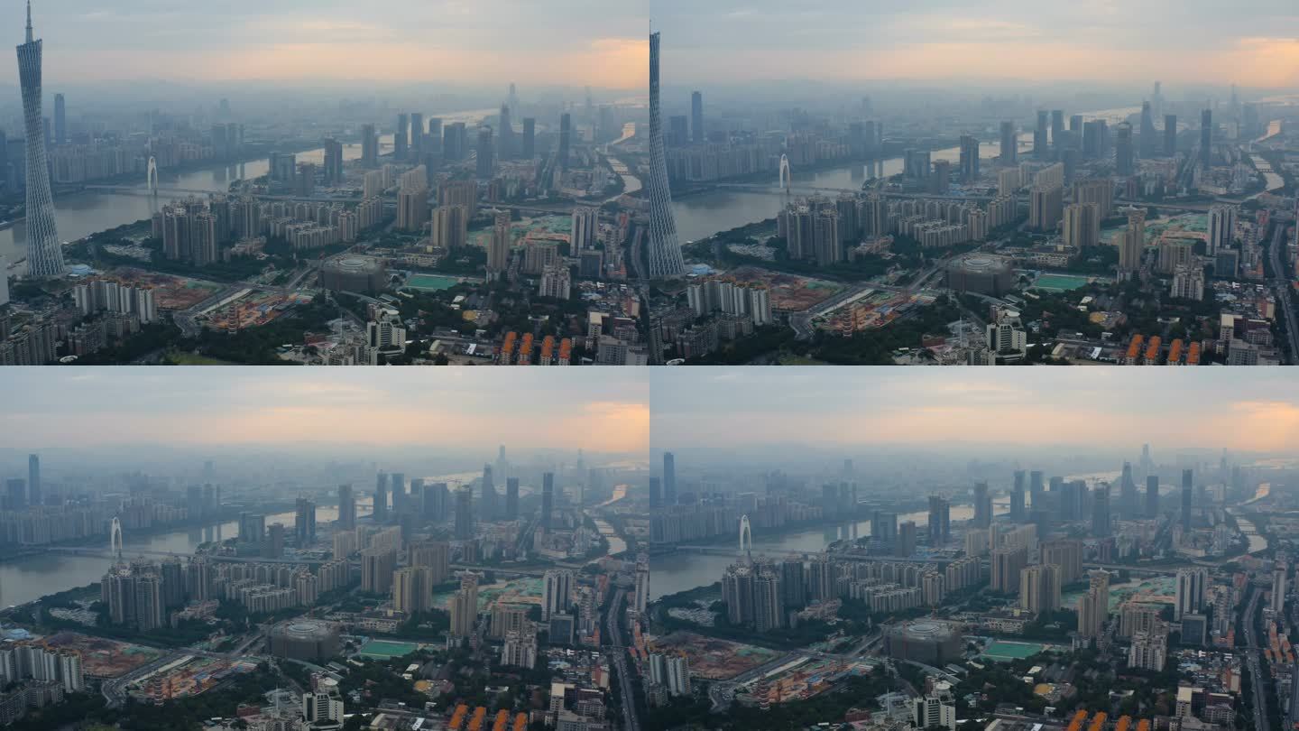 日出时分的广州市鸟瞰图，中国。