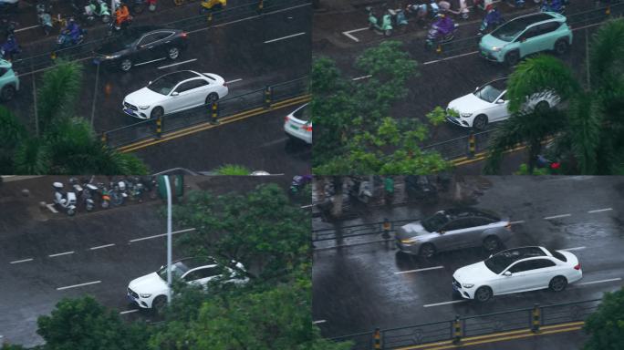 白色奔驰轿车雨中行驶