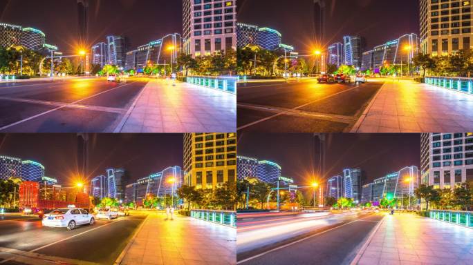 夜间繁忙的道路与现代城市中城区的现代建筑