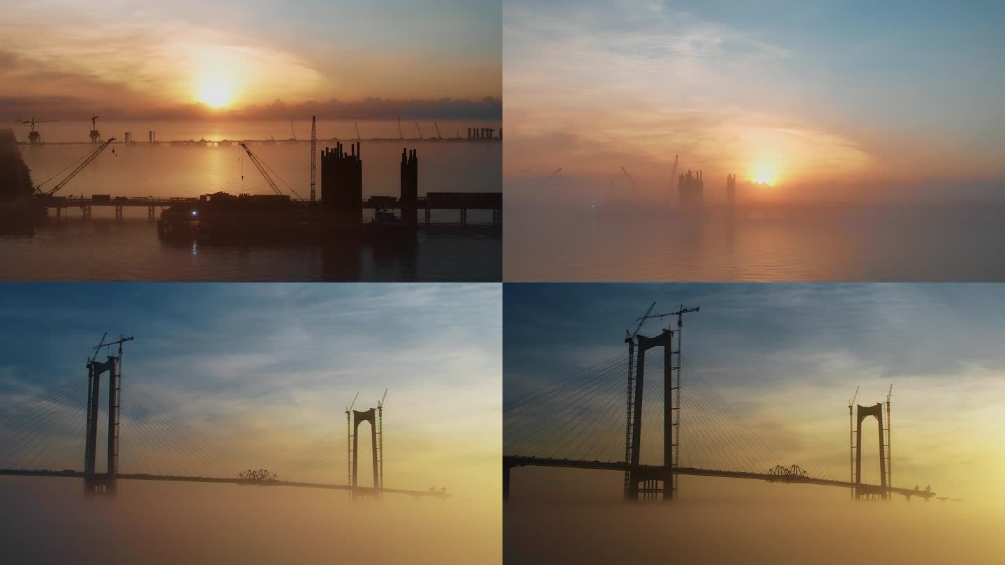 凌晨中山马鞍岛深中大桥航拍日出平流雾