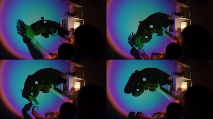 女孩在家里玩动物造型的手影，在夜晚想象生活方式。