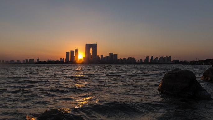 金鸡湖日落时分苏州地标金鸡湖日落金鸡湖