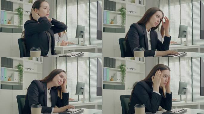 美丽的年轻女商人在工作失误后倍感压力，年轻的亚洲女性坐在办公桌前，手里拿着电脑