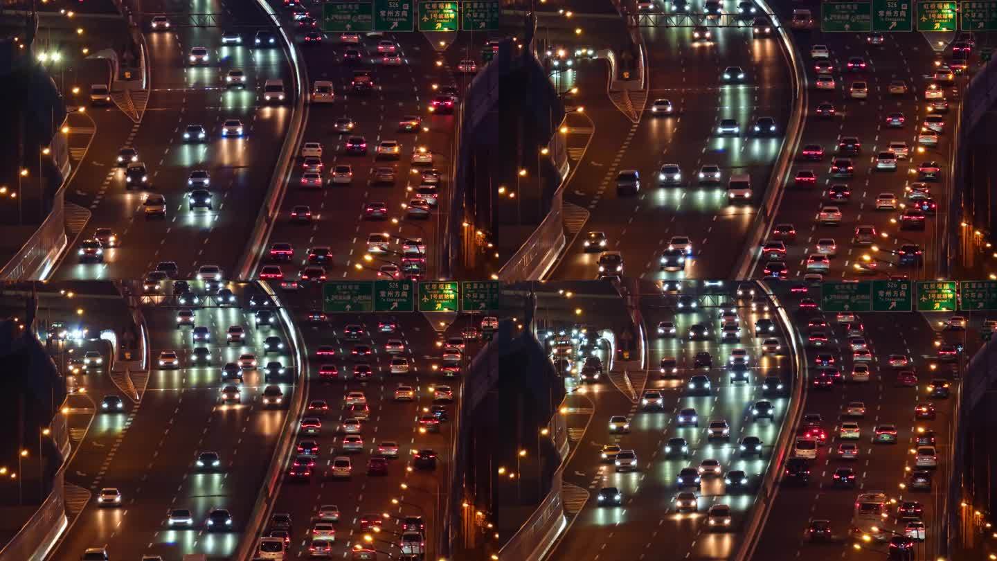 上海嘉定高架桥车流行驶特写夜景4K视频