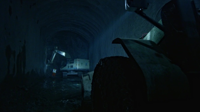 隧道内的电动挖掘机和装载机