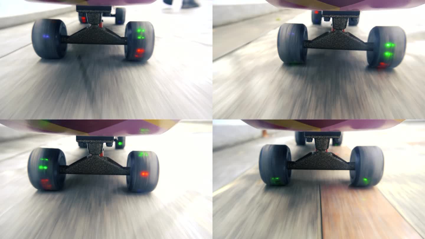 滑板，滑板轮子旋转，滑板快速滑动