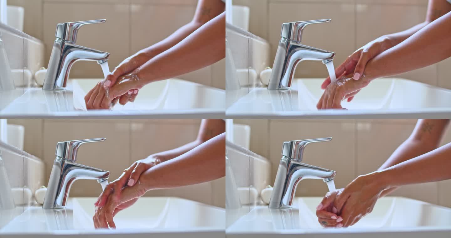 4k视频画面显示，一名面目全非的女子在浴室洗手盆里洗手