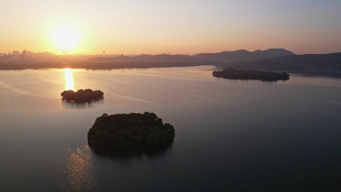 航拍杭州西湖日出