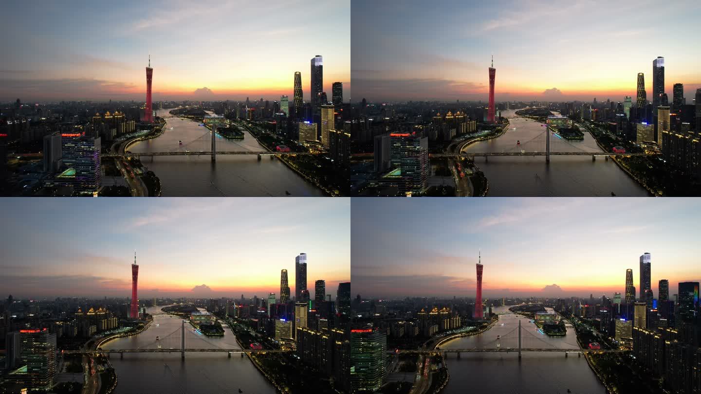 傍晚时分城市天际线的全景