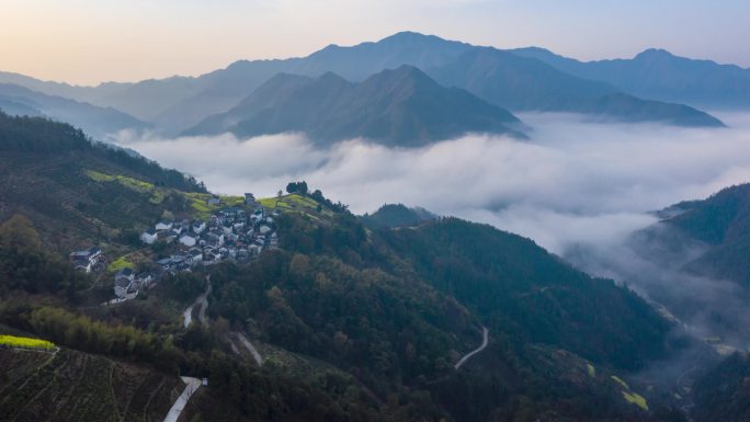 歙县大洲源山村油菜花云海航拍延时