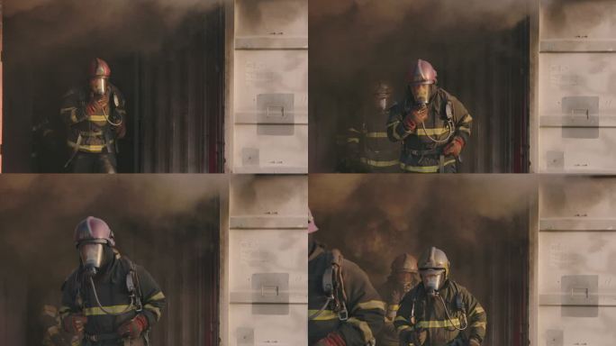 在这种情况下，消防队员从火灾的烟雾中逃生。