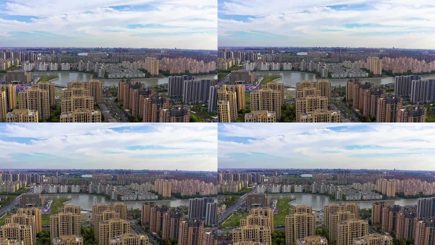 上海松江泗泾城市天际线蓝天白云4K航拍