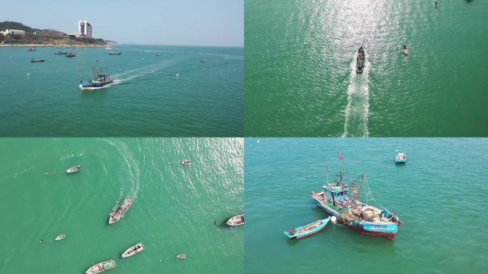 4K航拍一条渔船打捞结束入码头