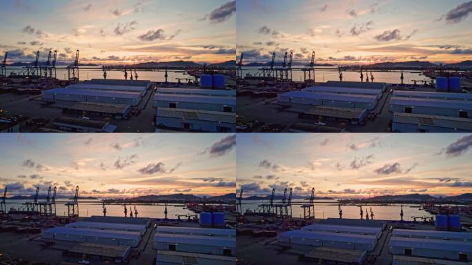 港口夕阳码头集装箱物流城市商业繁忙的港口
