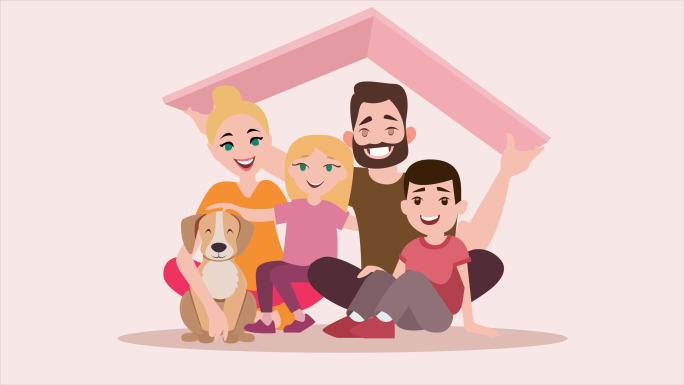 家庭聚会和家庭象征卡通。一家五口坐在家里，享受着快乐的概念。家庭在屋顶下是安全的，父母和孩子都很幸福