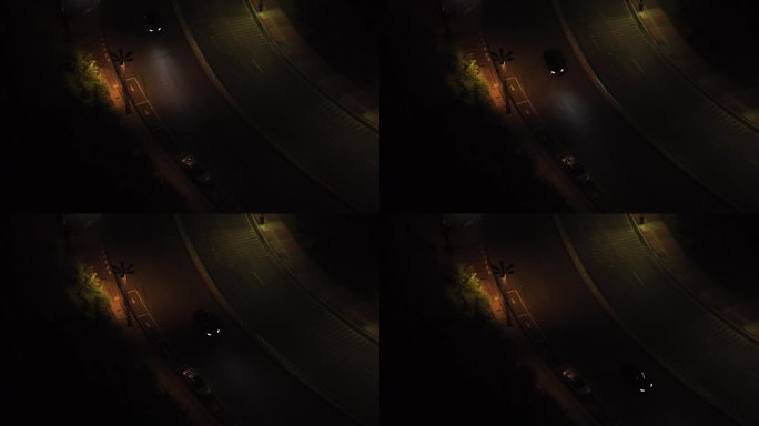 俯瞰夜晚马路上的一辆车