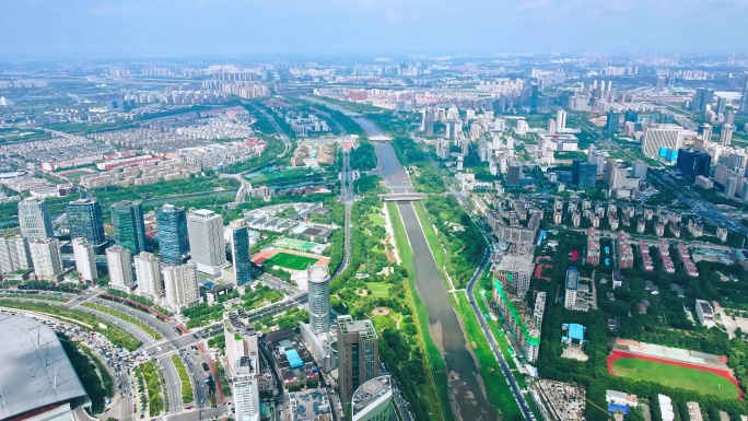 航拍郑州金水河城市大景空镜