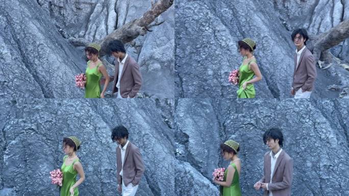 八美糜棱岩高原石林情侣拍婚纱写真走路中景