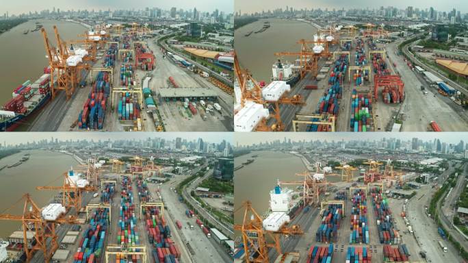 鸟瞰商业物流、进出口、航运或货运码头繁忙的交通。