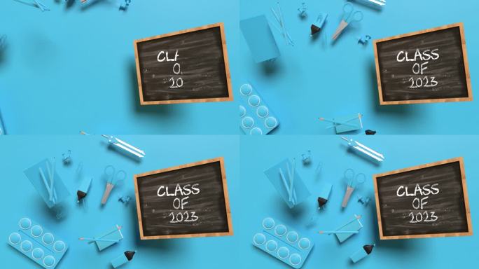 2023年概念返校课堂，蓝色背景，4K分辨率，黑板的蓝色设备侧