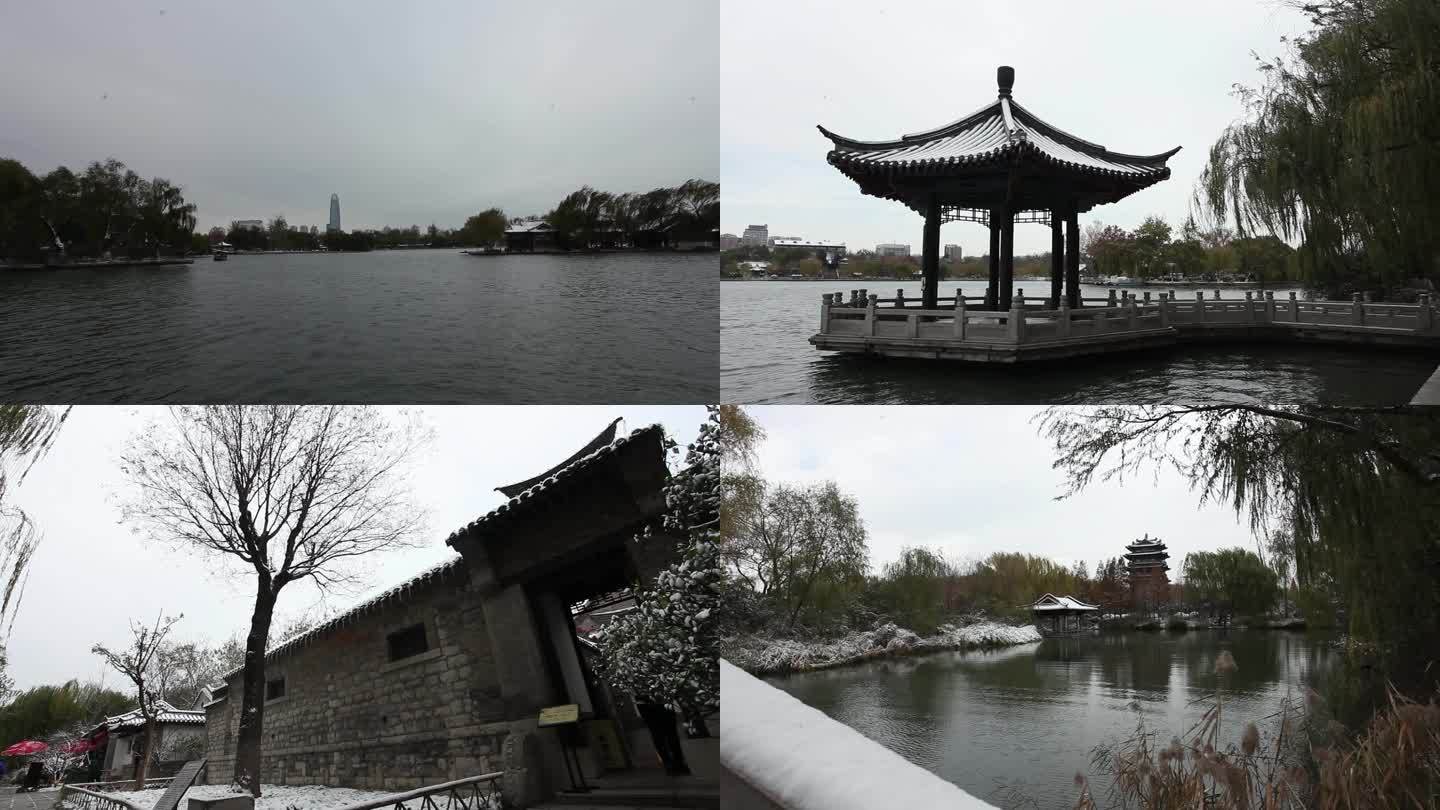 第一场雪济南城市雪后大明湖畔雪覆盖古建筑