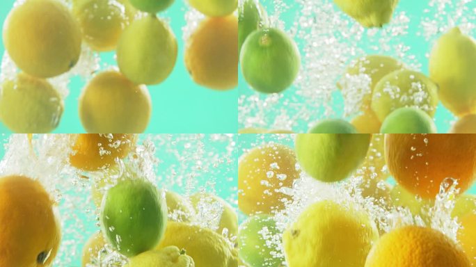 维生素C有助于免疫系统和排毒健康。柠檬和酸橙在蓝色的工作室背景下落入水池中。多汁、健康、成熟的水果漂