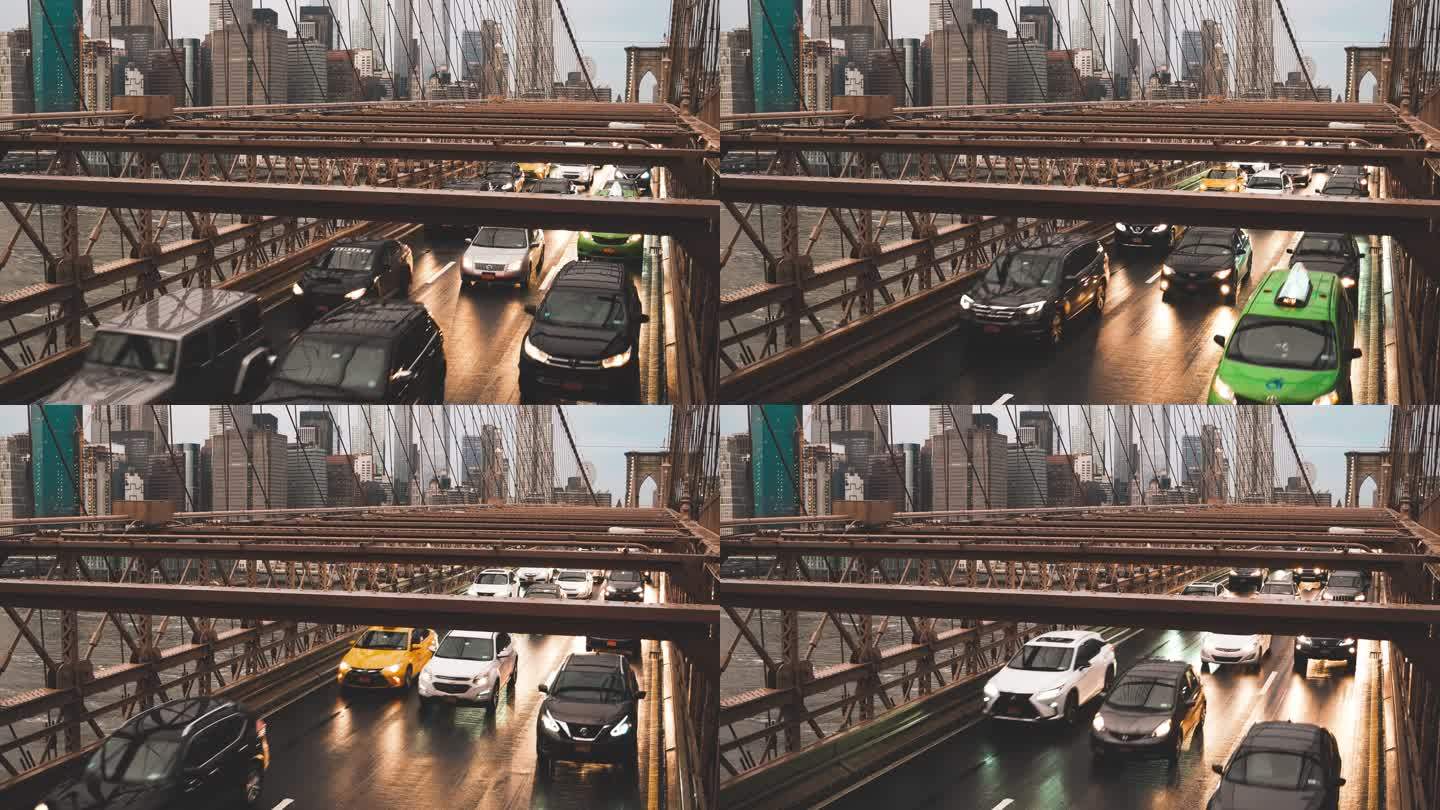 纽约曼哈顿天际线布鲁克林大桥黄昏交通的T/L视图