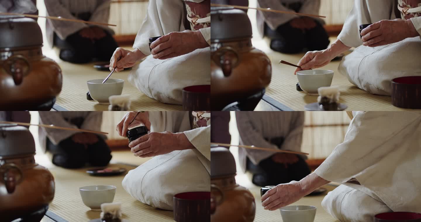茶道主持人在客人观看时将茶从卡迪舀入碗中