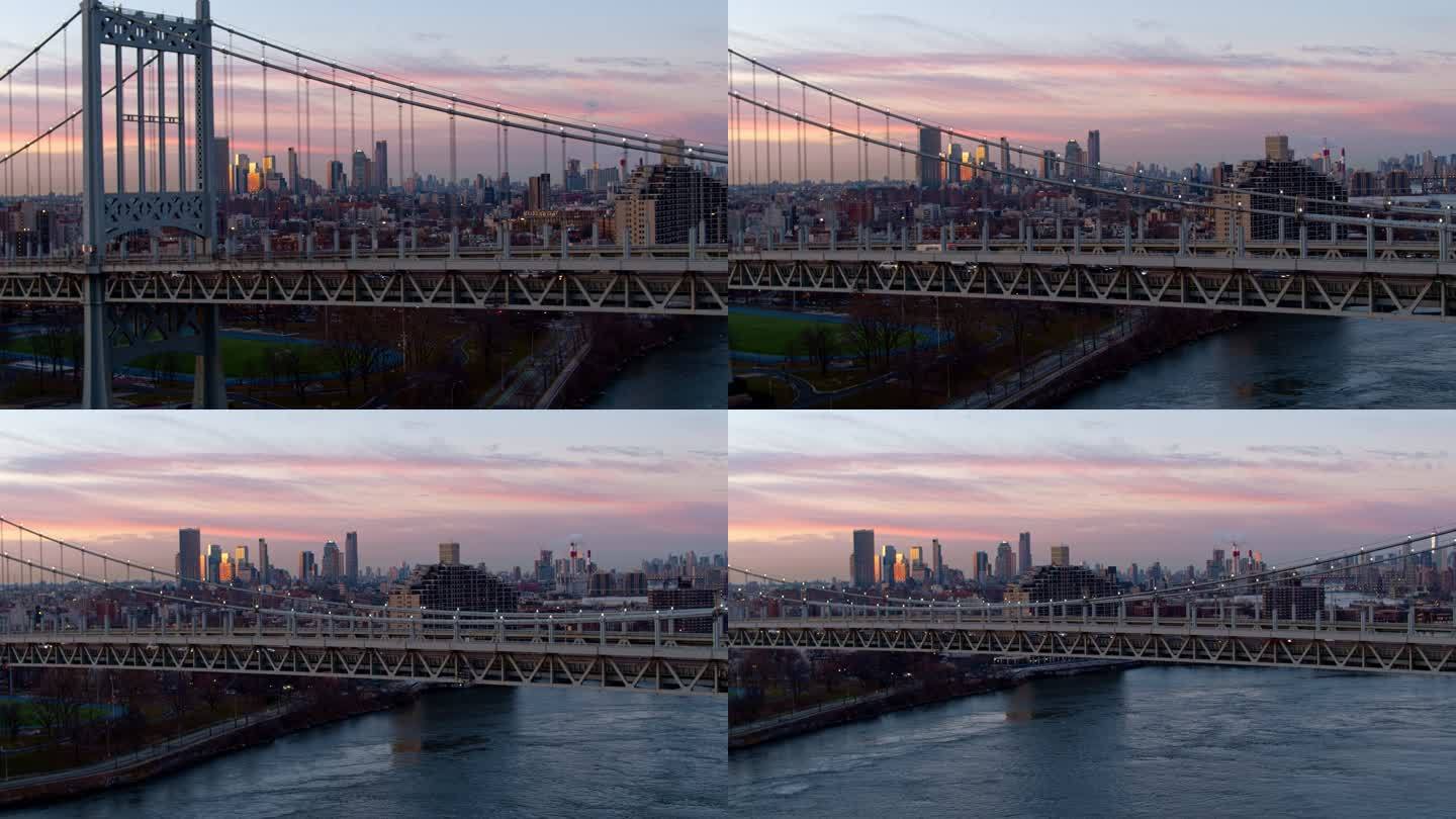 在罗伯特·F·肯尼迪大桥上的曼哈顿中城天际线上日出，可以看到长岛市、昆斯博罗大桥和罗斯福岛。空中无人