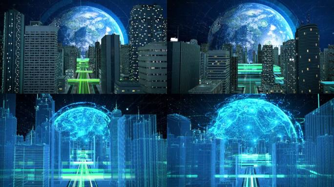 科技虚实城市夜景建筑科技地球虚拟城市光线