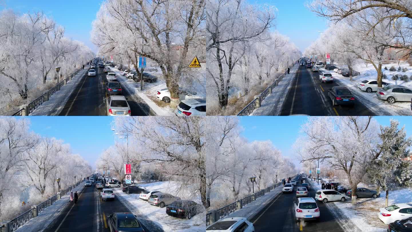 航拍吉林道路旁雾凇